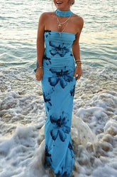 Floral Print Slim Fit Strapless Maxi Dresses - Blue